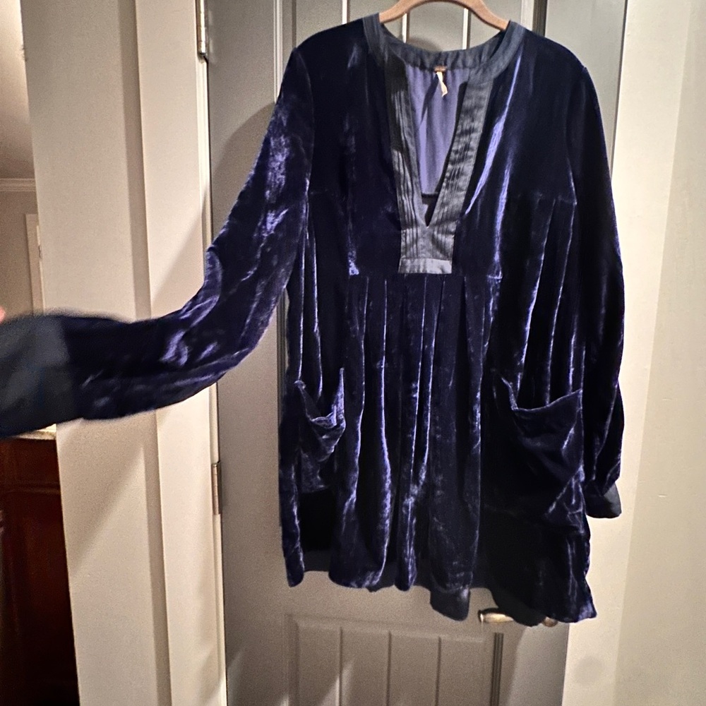 Free People Navy Blue Crushed Velvet Tunic Dress with Pockets (Size S)